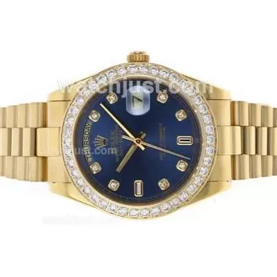 Rolex Day Date Ii Automatic Movement Full Gold Diamond Bezel And Markers With Blue Dial