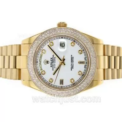 Rolex Day Date Ii Automatic Movement Full Gold Diamond Bezel And Markers With White Dial