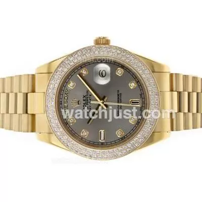 Rolex Day Date Ii Automatic Movement Full Gold Diamond Bezel And Markers With Gray Dial