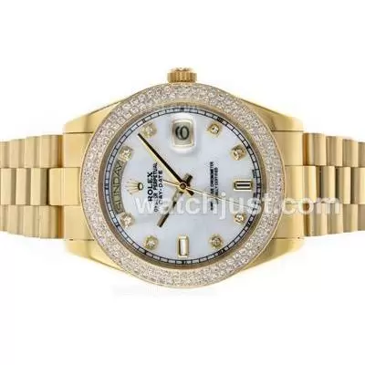 Rolex Day Date Ii Automatic Movement Full Gold Diamond Bezel And Markers With Mop Dial