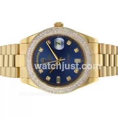 Rolex Day Date Ii Automatic Movement Full Gold Diamond Bezel And Markers With Blue Dial