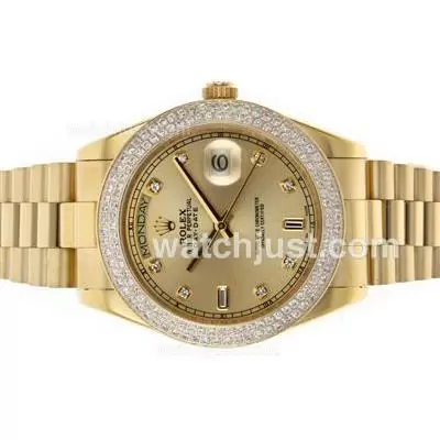 Rolex Day Date Automatic Movement Full Gold Diamond Bezel And Markers With Golden Dial