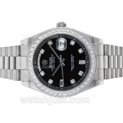 Rolex Day Date Ii Automatic Diamond Bezel And Markers With Black Dial