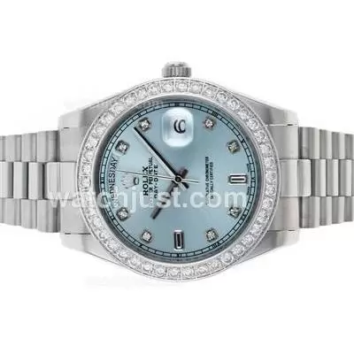 Rolex Day Date Ii Automatic Diamond Bezel And Markers With Light Blue Dial