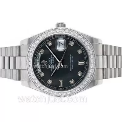 Rolex Day Date Ii Automatic Diamond Bezel And Markers With Black Mop Dial