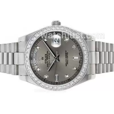 Rolex Day Date Ii Automatic Diamond Bezel And Markers With Gray Dial