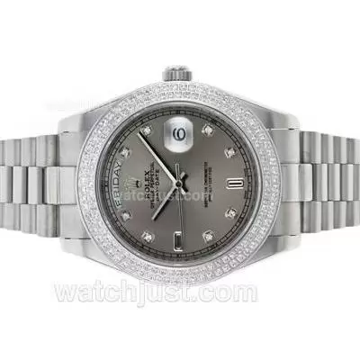 Rolex Day Date Ii Automatic Diamond Bezel And Markers With Gray Dial