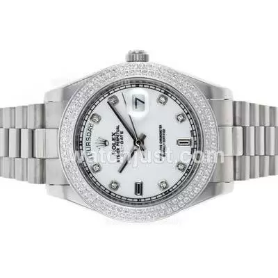 Rolex Day Date Ii Automatic Diamond Bezel And Markers With White Dial