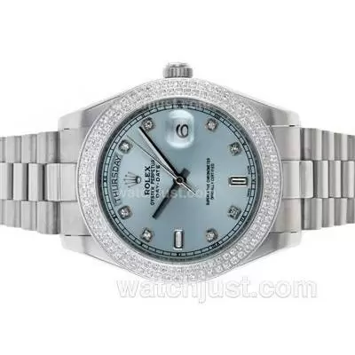 Rolex Day Date Ii Automatic Diamond Bezel And Markers With Light Blue Dial