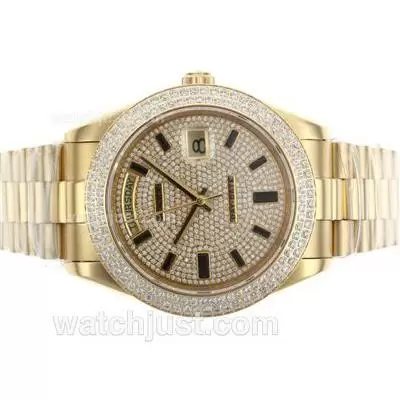 Rolex Day Date Ii Automatic Movement Full Gold Diamond Bezel And Dial With Stick Markers