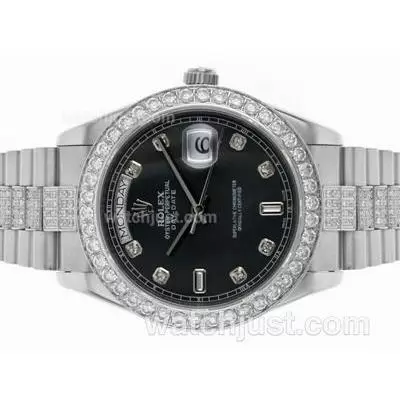 Rolex Day Date Ii Automatic Movement Diamond Bezel And Markers With Black Mop Dial S/s