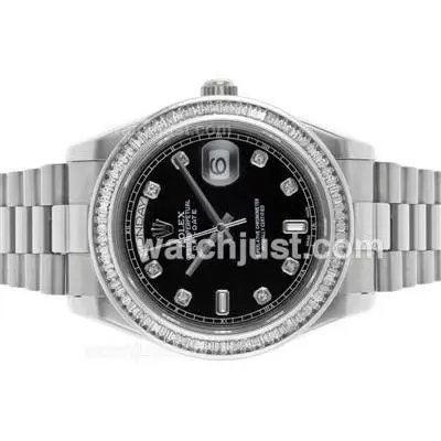 Rolex Day Date Ii Automatic Movement Cz Diamond Bezel With Black Dial S/s