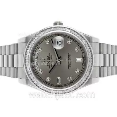 Rolex Day Date Ii Automatic Movement Cz Diamond Bezel With Gray Dial S/s