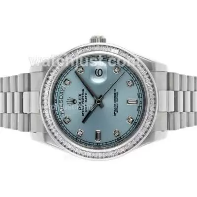 Rolex Day Date Ii Automatic Movement Cz Diamond Bezel With Light Blue Dial S/s