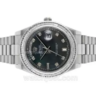 Rolex Day Date Ii Automatic Movement Cz Diamond Bezel With Black Mop Dial S/s