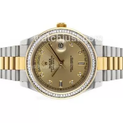 Rolex Day Date Ii Automatic Movement Two Tone Cz Diamond Bezel With Golden Dial