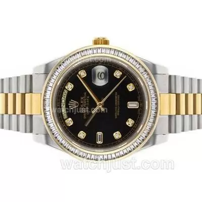 Rolex Day Date Ii Automatic Movement Two Tone Cz Diamond Bezel With Black Dial