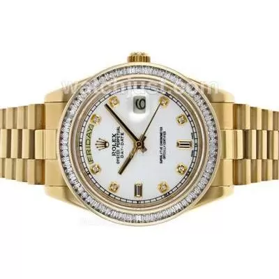 Rolex Day Date Ii Automatic Movement Full Gold Cz Diamond Bezel With White Dial