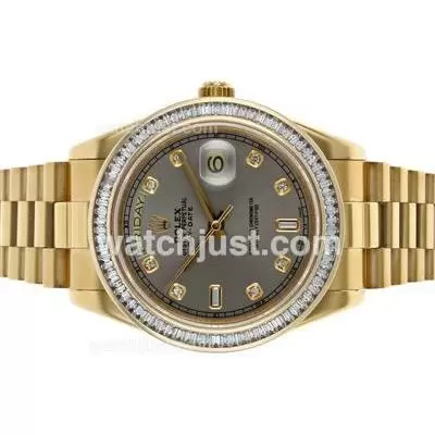 Rolex Day Date Ii Automatic Movement Full Gold Cz Diamond Bezel With Gray Dial