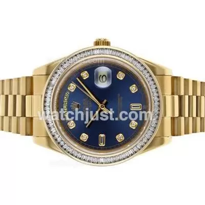 Rolex Day Date Ii Automatic Movement Full Gold Cz Diamond Bezel With Blue Dial