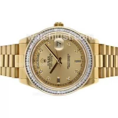 Rolex Day Date Automatic Movement Full Gold Cz Diamond Bezel With Golden Dial