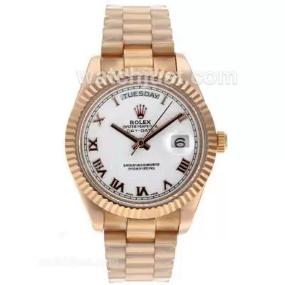 Rolex Day Date Ii Automatic Movement Full Rose Gold Roman Markers With White Dial