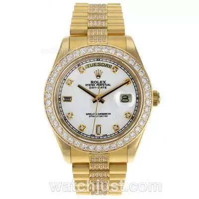 Rolex Day Date Ii Automatic Movement Full Gold Diamond Markers And Bezel With White Dial