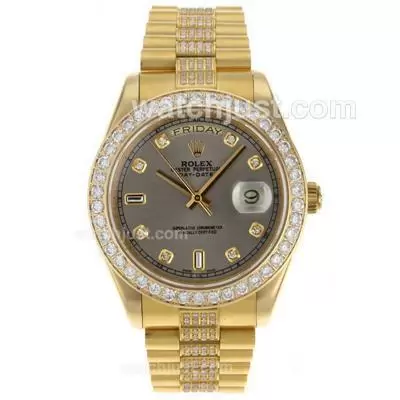 Rolex Day Date Ii Automatic Movement Full Gold Diamond Markers And Bezel With Gray Dial