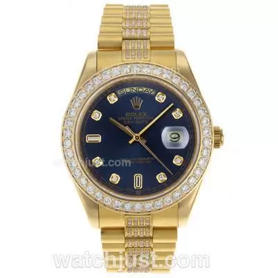 Rolex Day Date Ii Automatic Movement Full Gold Diamond Markers And Bezel With Blue Dial