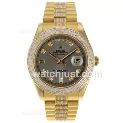 Rolex Day Date Ii Automatic Movement Full Gold Diamond Markers And Bezel With Gray Dial