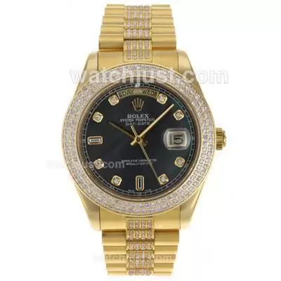 Rolex Day Date Ii Automatic Movement Full Gold Diamond Markers And Bezel With Black Dial