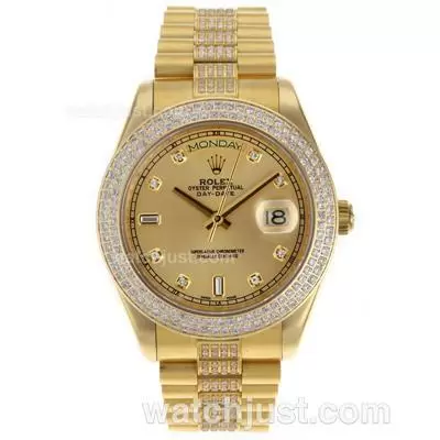 Rolex Day Date Ii Automatic Movement Full Gold Diamond Markers And Bezel With Golden Dial