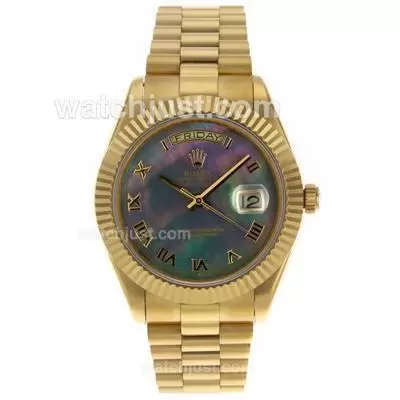 Rolex Day Date Ii Automatic Movement Full Gold Roman Markers With Black Mop Dial