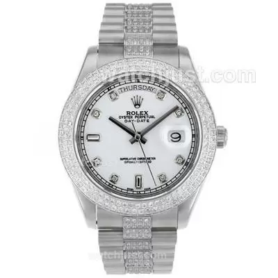 Rolex Day Date Ii Automatic Movement Diamond Markers And Bezel With White Dial