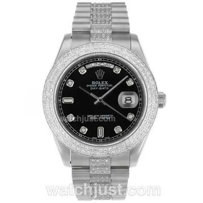 Rolex Day Date Ii Automatic Movement Diamond Markers And Bezel With Black Dial