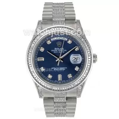 Rolex Day Date Ii Automatic Movement Cz Diamond Bezel With Blue Dial