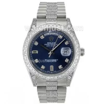 Rolex Day Date Ii Automatic Movement Diamond Markers And Bezel With Blue Dial