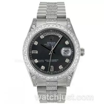 Rolex Day Date Ii Automatic Movement Diamond Markers And Bezel With Black Mop Dial