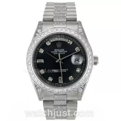 Rolex Day Date Ii Automatic Movement Diamond Markers And Bezel With Black Mop Dial