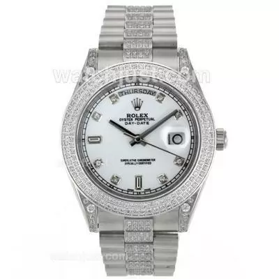 Rolex Day Date Ii Automatic Movement Diamond Markers And Bezel With White Dial