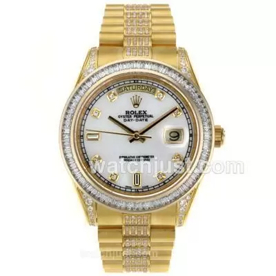 Rolex Day Date Ii Automatic Movement Full Gold Cz Diamond Bezel With Mop Dial