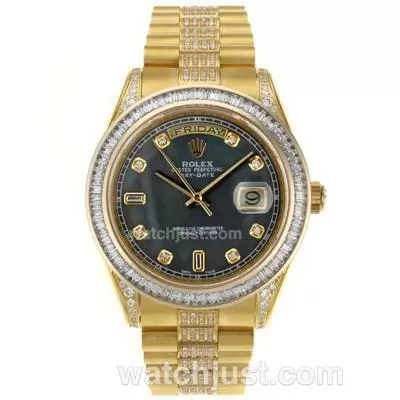 Rolex Day Date Ii Automatic Movement Full Gold Cz Diamond Bezel With Black Mop Dial