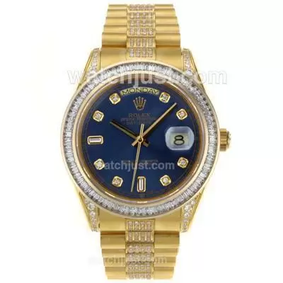 Rolex Day Date Ii Automatic Movement Full Gold Cz Diamond Bezel With Blue Dial