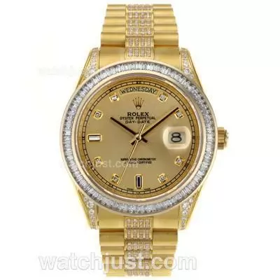 Rolex Day Date Ii Automatic Movement Full Gold Cz Diamond Bezel With Golden Dial