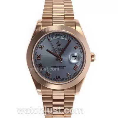 Rolex Day Date Ii Automatic Movement Full Rose Gold Roman Markers With Blue Dial