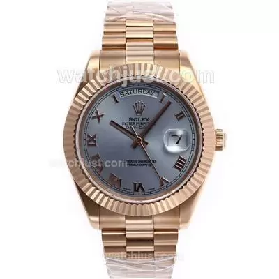 Rolex Day Date Ii Automatic Movement Full Rose Gold Roman Markers With Blue Dial