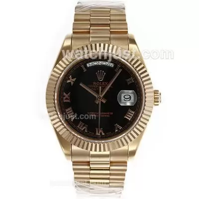 Rolex Day Date Ii Automatic Movement Full Rose Gold Roman Markers With Black Dial