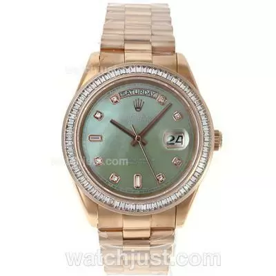 Rolex Day Date Ii Automatic Movement Full Rose Gold Cz Diamond Bezel Diamond Markers With Green Mop Dial