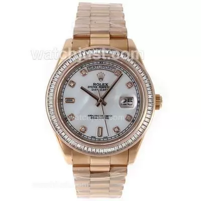 Rolex Day Date Ii Automatic Movement Full Rose Gold Cz Diamond Bezel Diamond Markers With Mop Dial