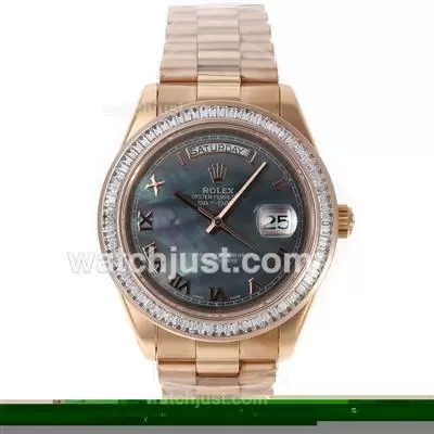 Rolex Day Date Ii Automatic Movement Full Rose Gold Cz Diamond Bezel Roman Markers With Black Mop Dial